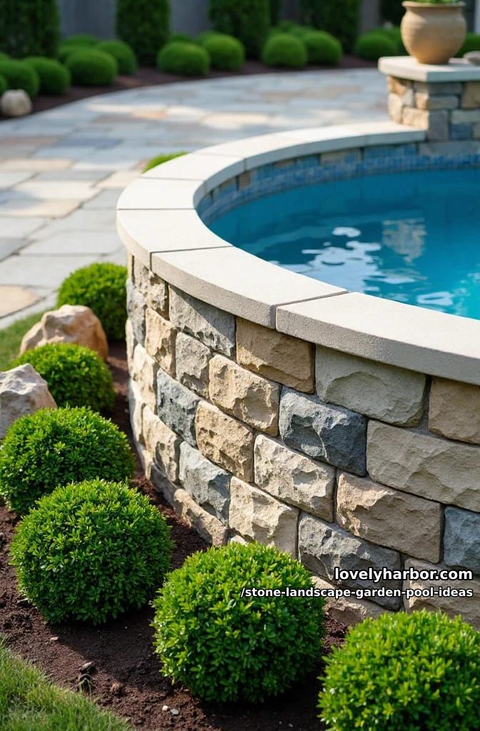 above-ground pool wrapped in stacked stone and surrounded by manicured shrubs 1