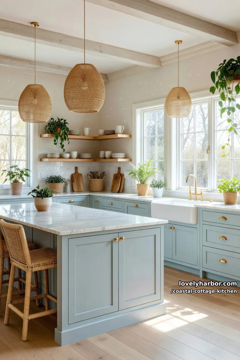 20 Coastal Cottage Kitchens With Worn-In Beach House Feel 18 airy coastal kitchen with blue cabinets, rattan pendants, and green plants. 1