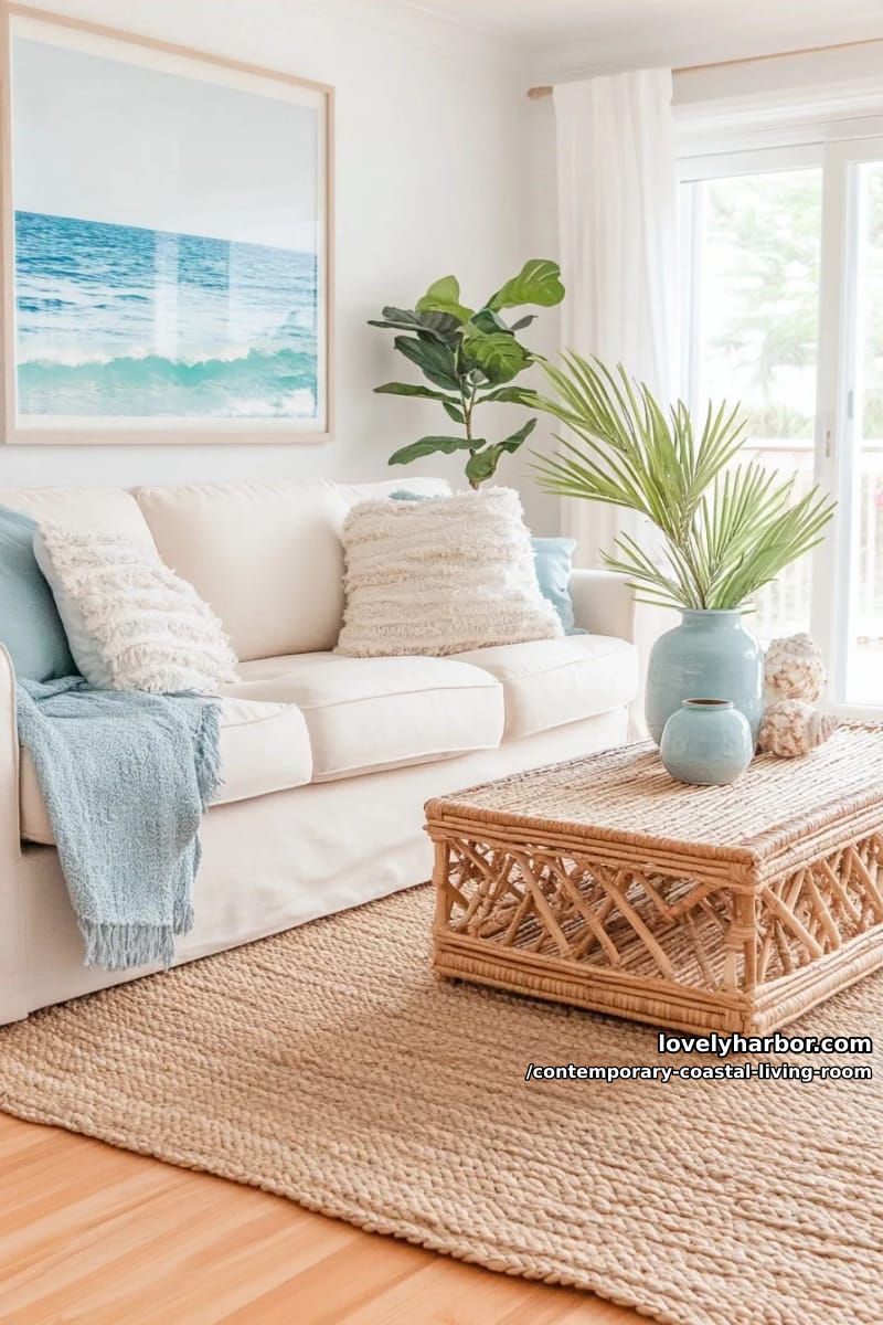19 Contemporary Coastal Living Rooms With Clean Modern Edge 13 airy coastal living room with cream sofa, jute rug, woven console, and ocean art. 1