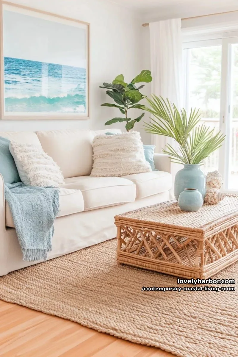 airy coastal living room with cream sofa, jute rug, woven console, and ocean art. 1