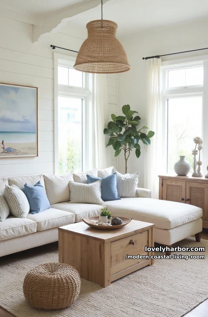 airy coastal living room with l-shaped sectional and woven accents. 1