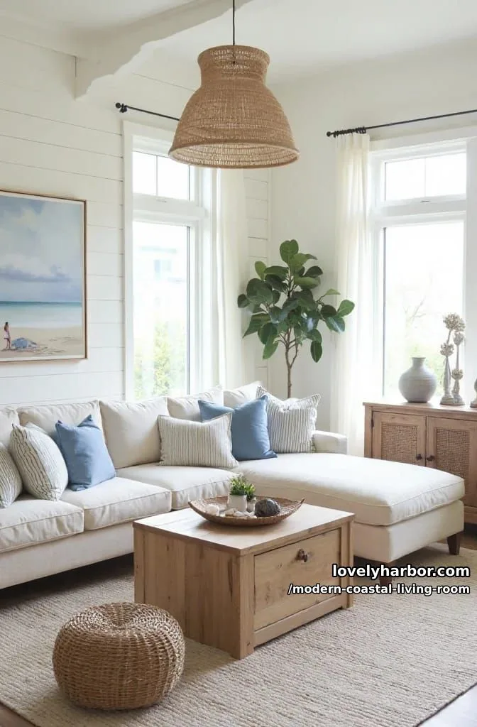 19 Modern Coastal Living Room Ideas With an Airy, Calm Feel 2 airy coastal living room with l-shaped sectional and woven accents. 1