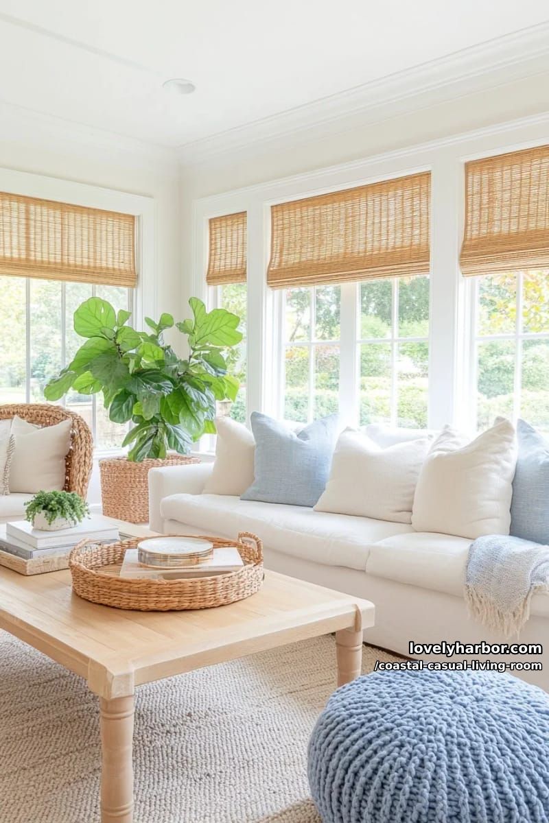 airy coastal living room with white sofa, bamboo shades, and round pouf. 1