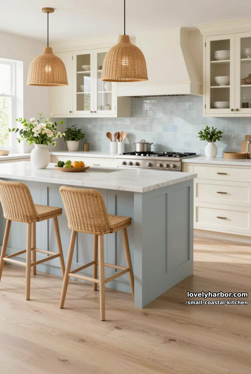20 Small Coastal Kitchen Ideas for a Fresh, Breezy Look 11 airy kitchen, cream cabinets, pale blue island, rattan stools, fresh flowers 1