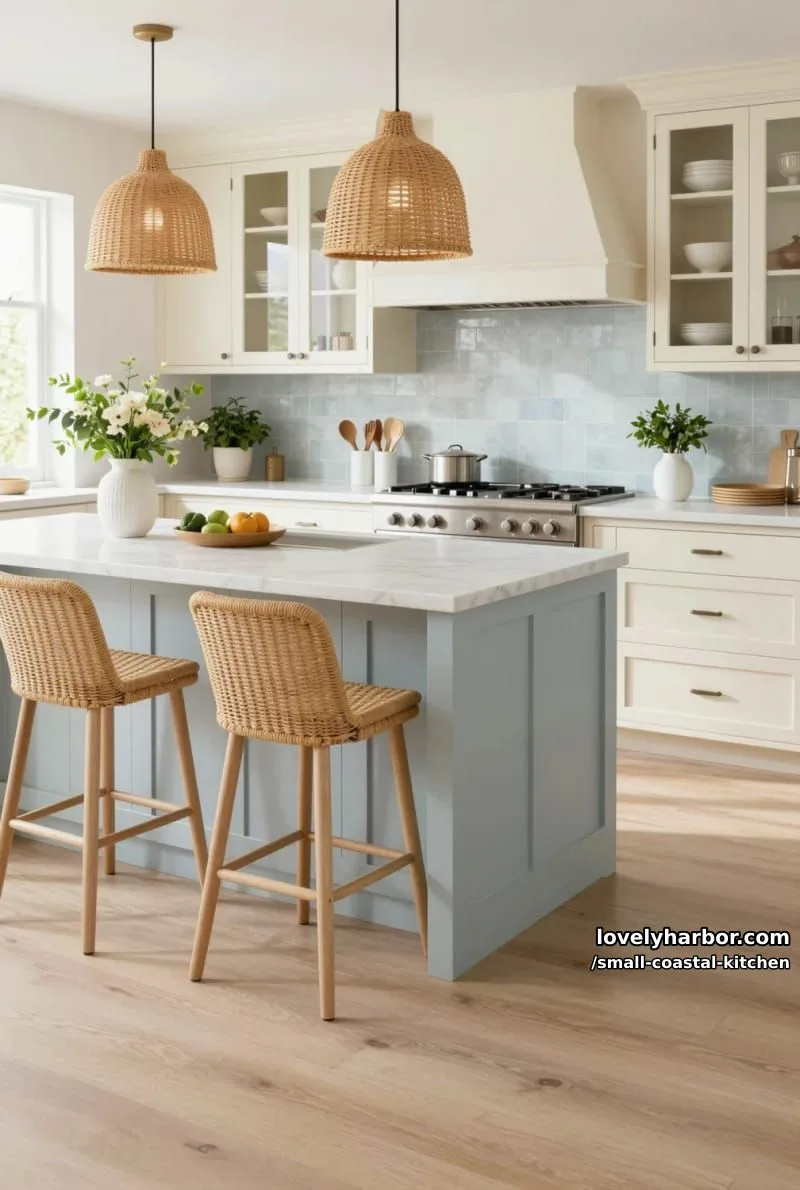 airy kitchen, cream cabinets, pale blue island, rattan stools, fresh flowers 1