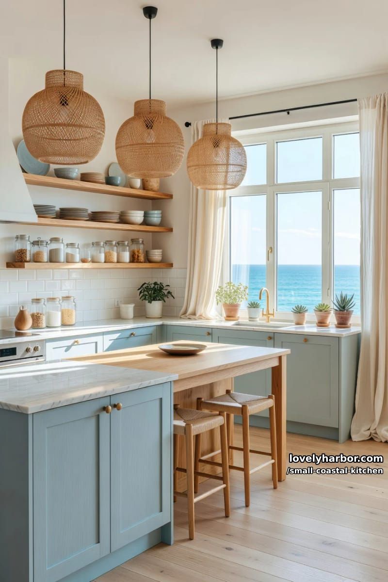 20 Small Coastal Kitchen Ideas for a Fresh, Breezy Look 6 airy kitchen, light blue cabinets, floating wood shelves, woven pendants, scandinavian touch 1