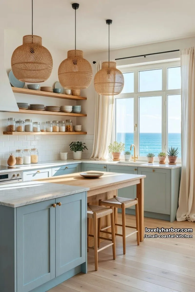 airy kitchen, light blue cabinets, floating wood shelves, woven pendants, scandinavian touch 1