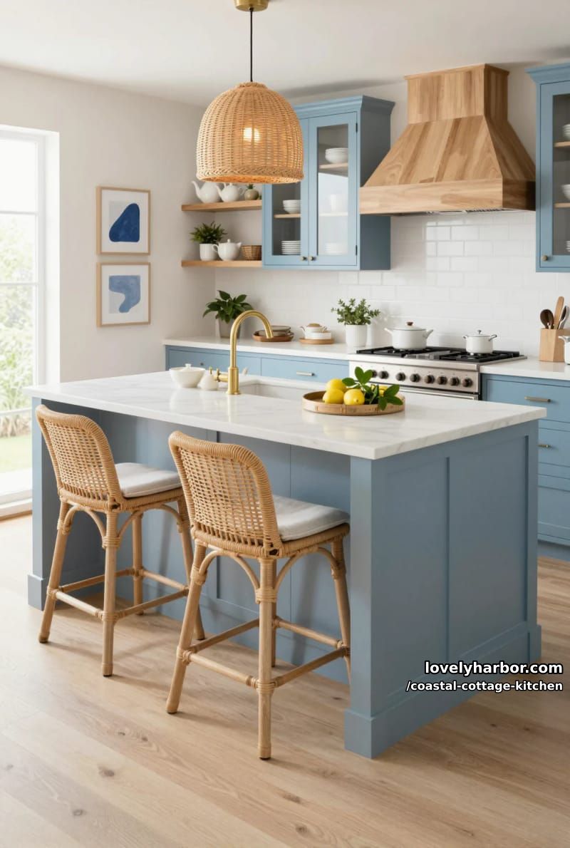 20 Coastal Cottage Kitchens With Worn-In Beach House Feel 5 airy kitchen with blue cabinetry, white marble island, and floating shelves. 1