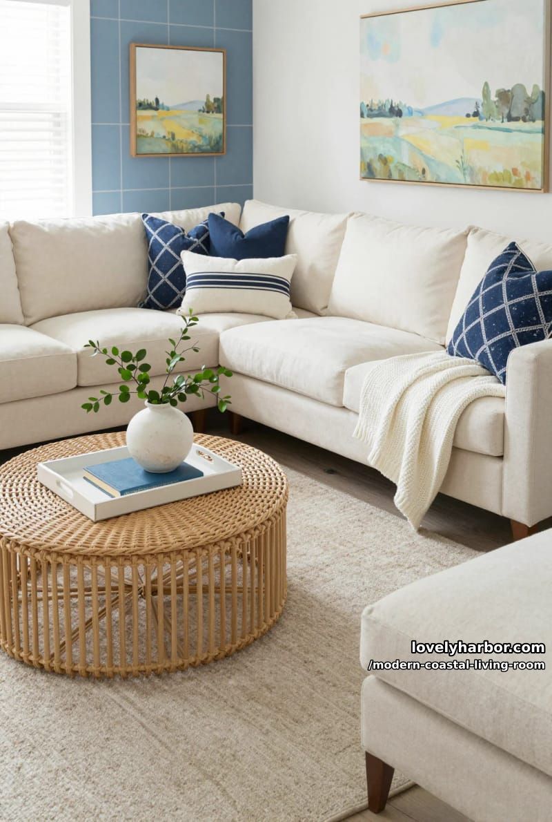 airy living room with cream sectional, navy accents, and rattan coffee table. 1