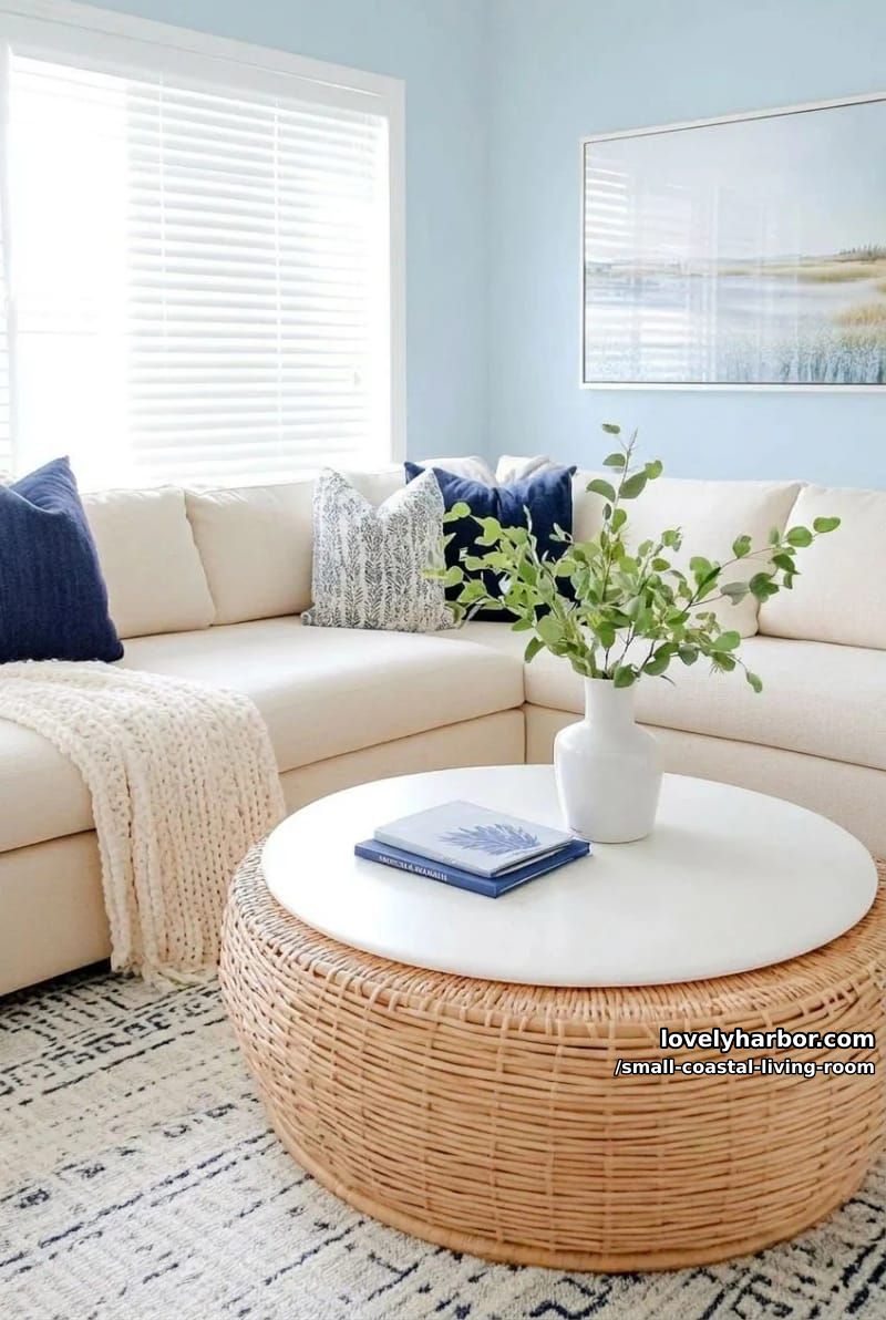 19 Small Coastal Living Room Ideas for Effortless Style 12 airy living room with cream sectional, navy pillows, blue accent wall, and wicker table 1