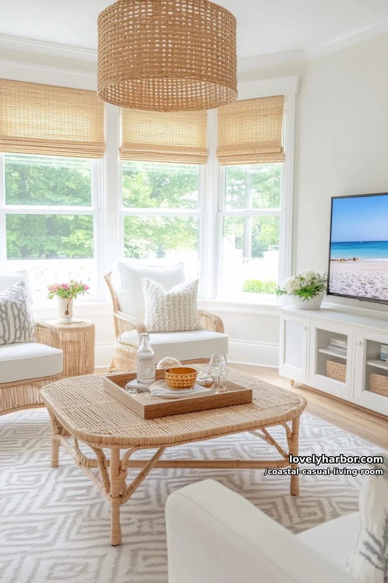 airy living room with geometric rug, spindle armchairs, and media console. 1