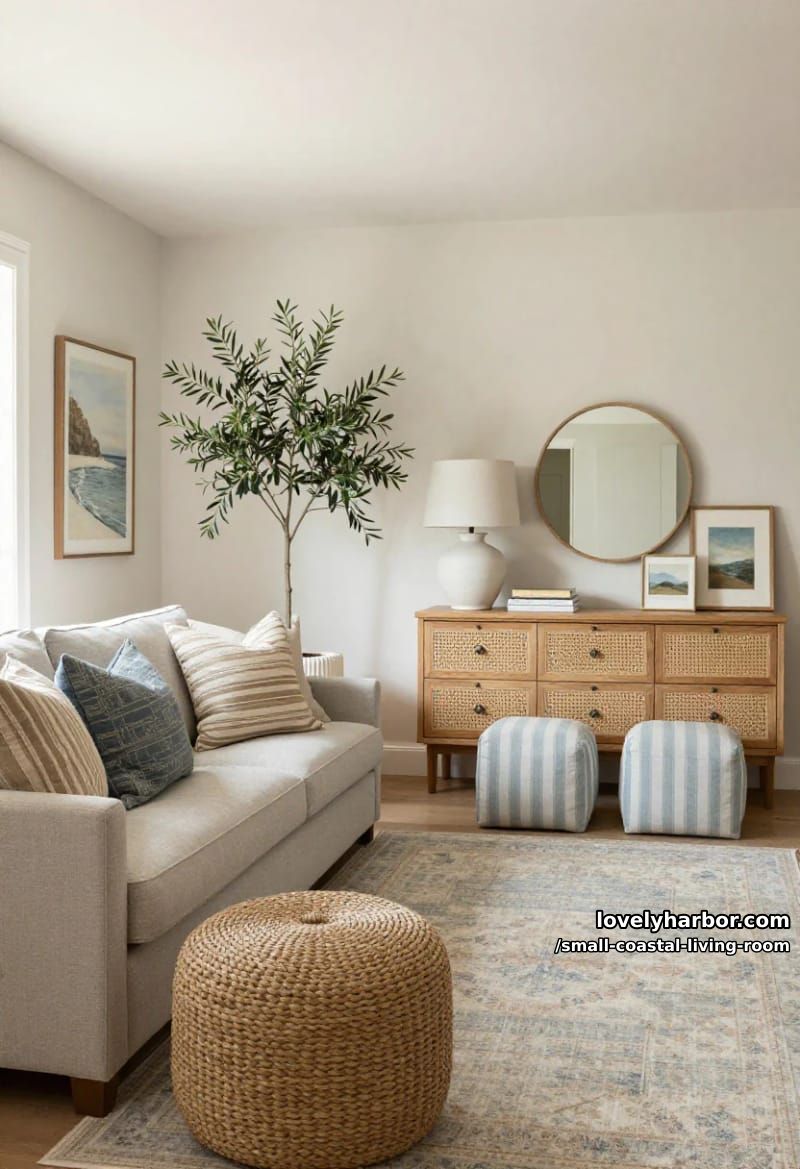 19 Small Coastal Living Room Ideas for Effortless Style 4 airy living room with gray sectional, blue-beige pillows, and natural wood textures 1