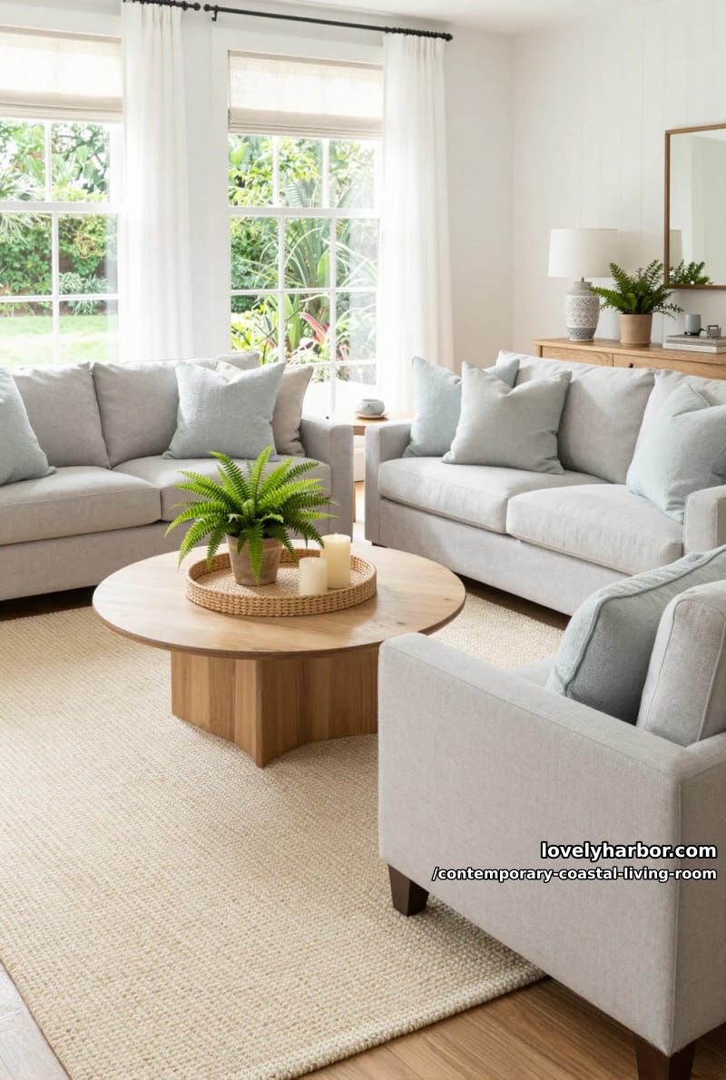 19 Contemporary Coastal Living Rooms With Clean Modern Edge 9 airy living room with gray sofas, pale blue pillows, woven rug, and greenery. 1