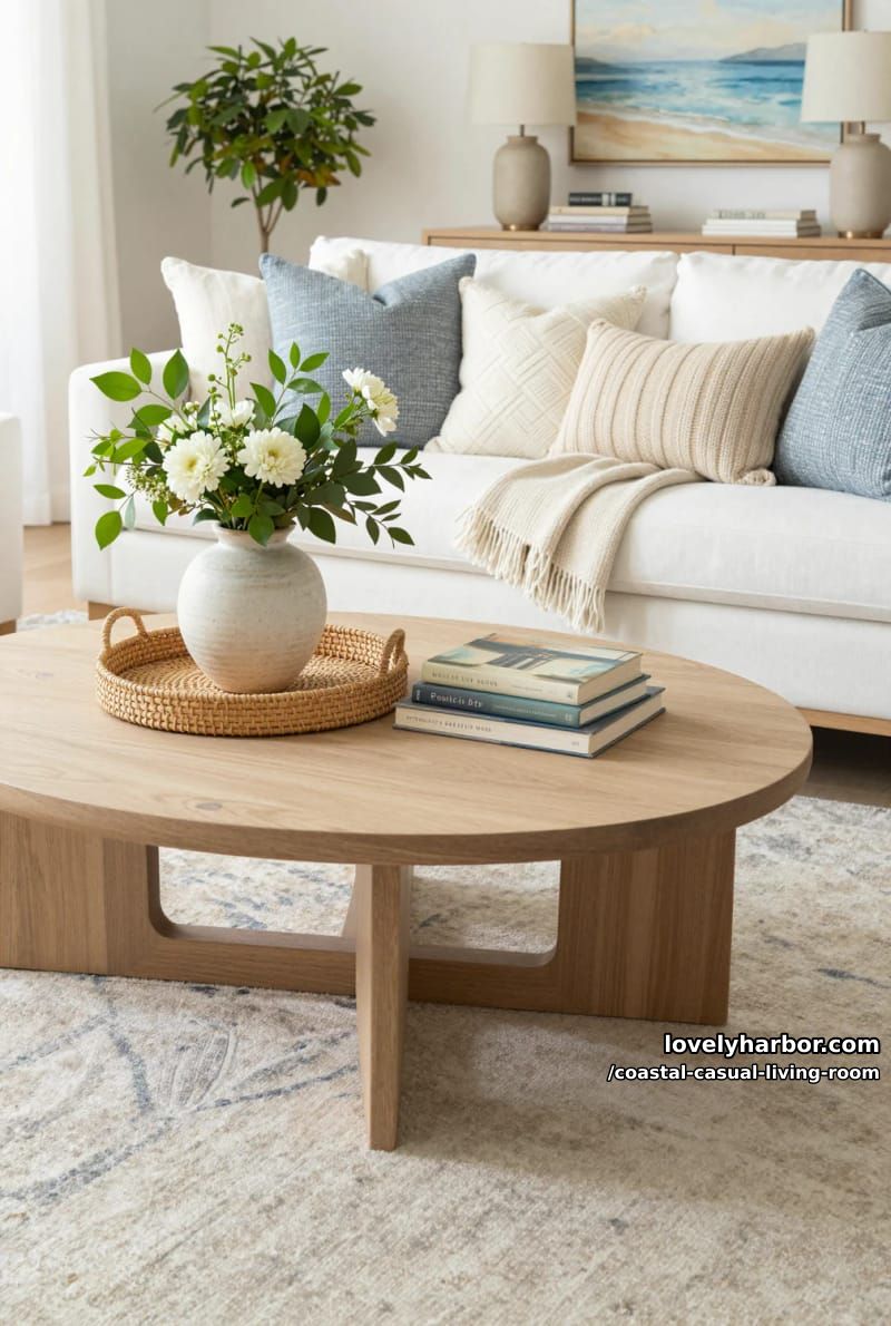 airy living room with light wood coffee table, blue and cream accents. 1