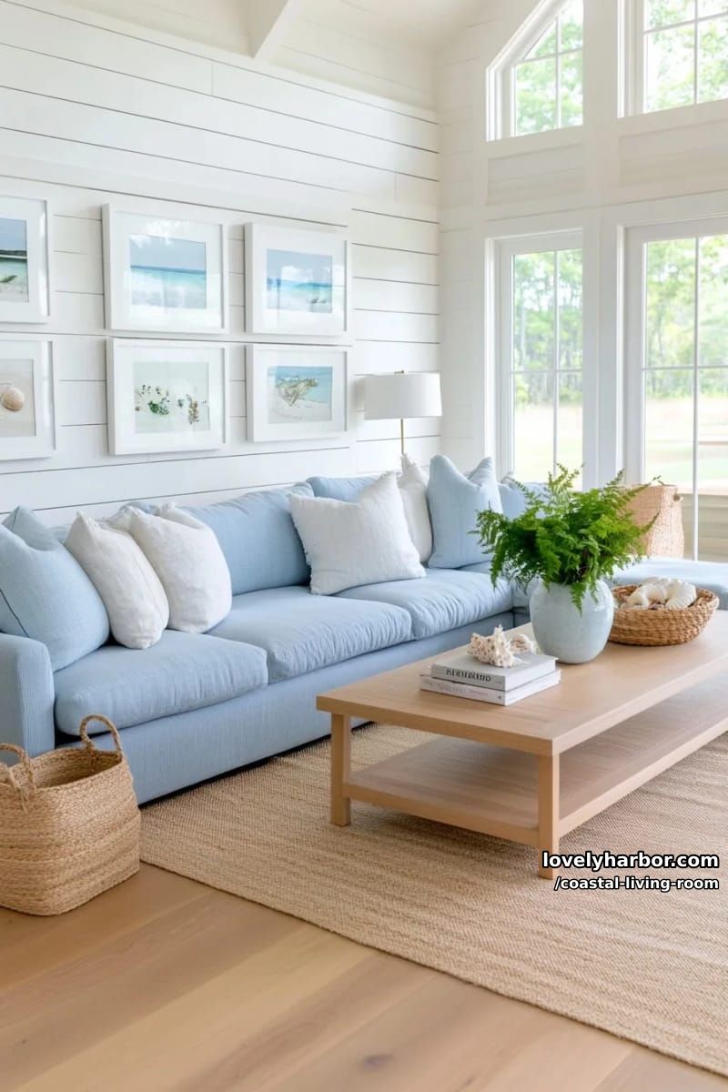 airy living room with pastel blue sofas, woven baskets, and shiplap walls. 1