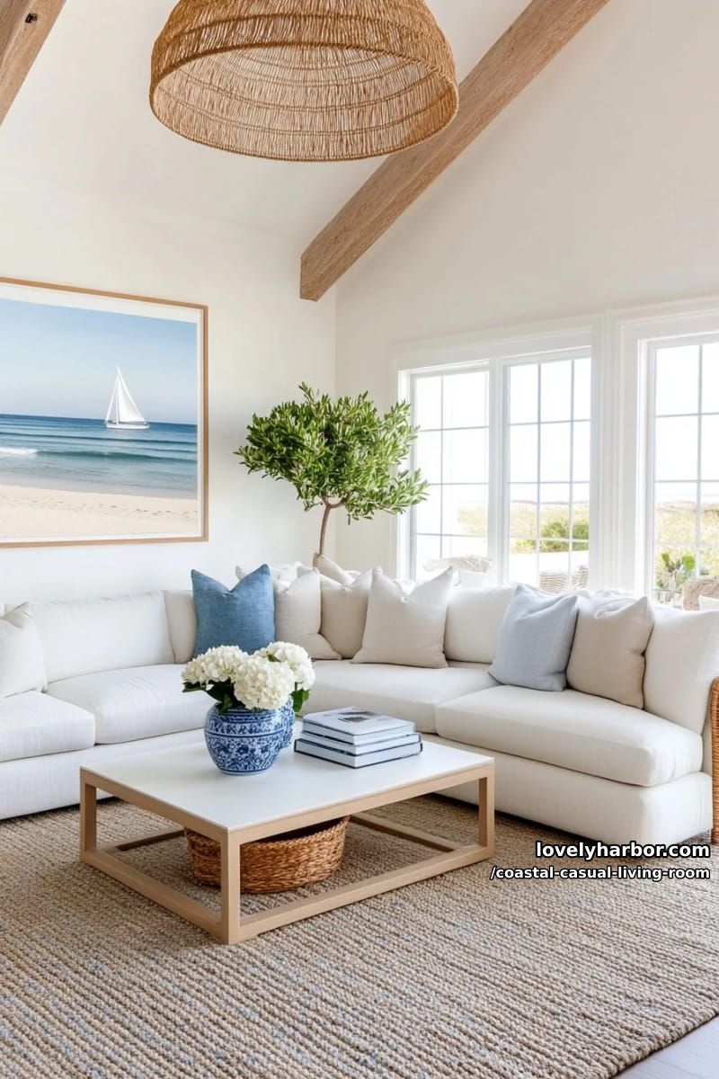 airy living room with white sectional, blue rug, and olive tree. 1