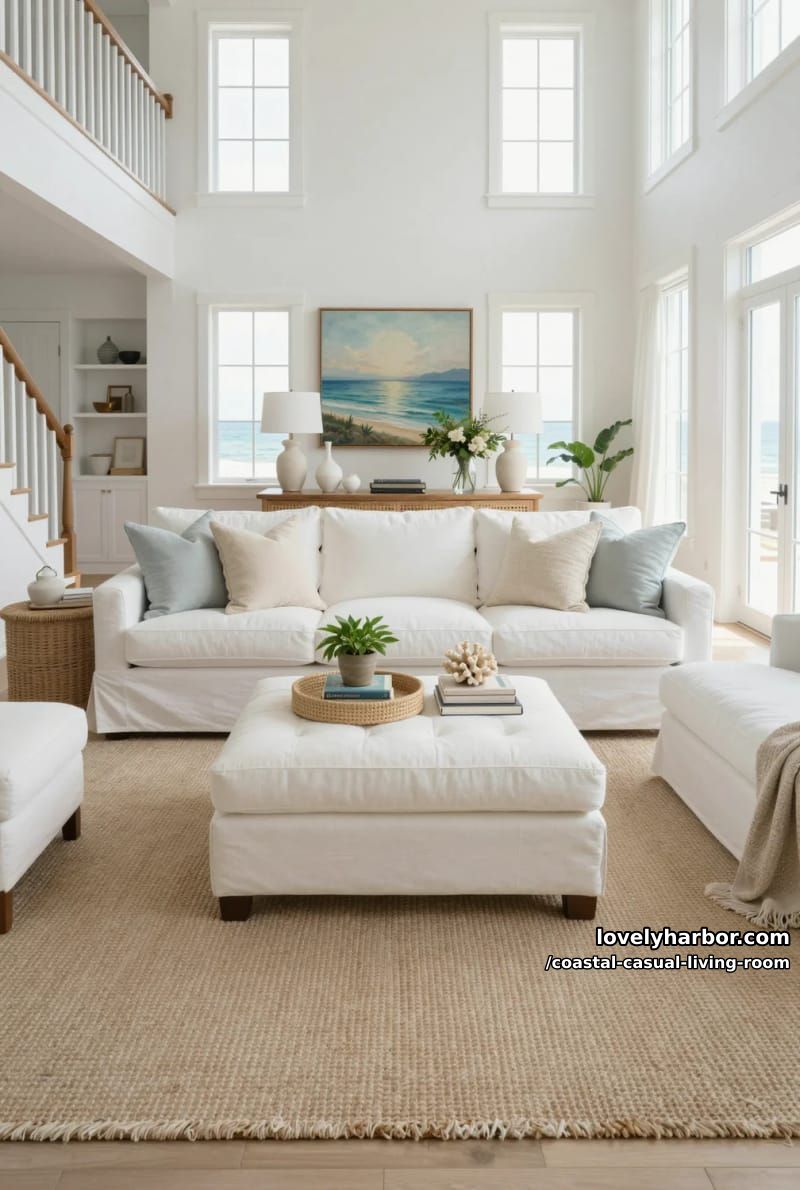 airy living room with white tufted ottoman, neutral tones, high ceilings. 1