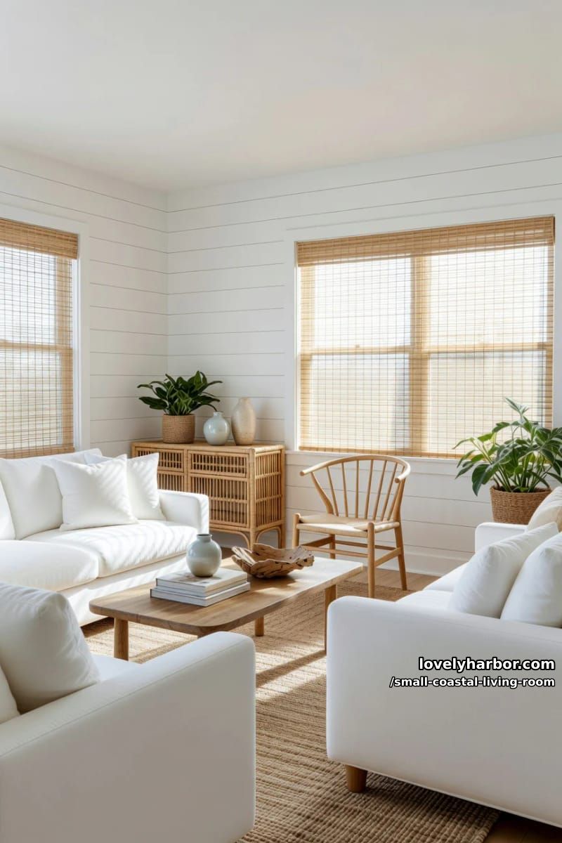 19 Small Coastal Living Room Ideas for Effortless Style 15 airy living room with woven blinds, white sofas, spindle chairs, and cane console 1