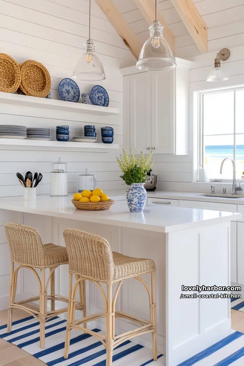 20 Small Coastal Kitchen Ideas for a Fresh, Breezy Look 13 an beach cottage open kitchen with wicker bar stools, white walls, and blue accents 1