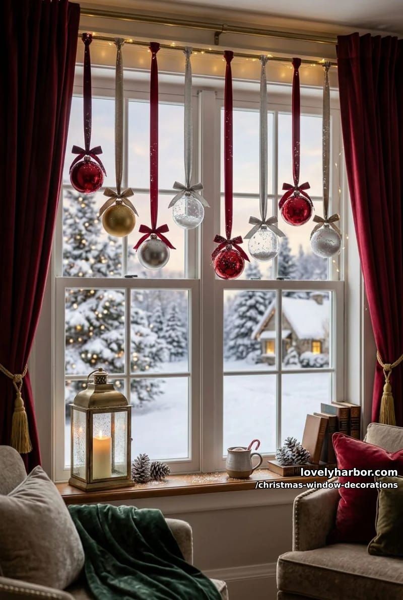 Christmas Window Decorations: 12 Ideas for Glow That Reads From the Street and the Sofa 5 an ornament curtain hung from a tension rod, not the glass 1