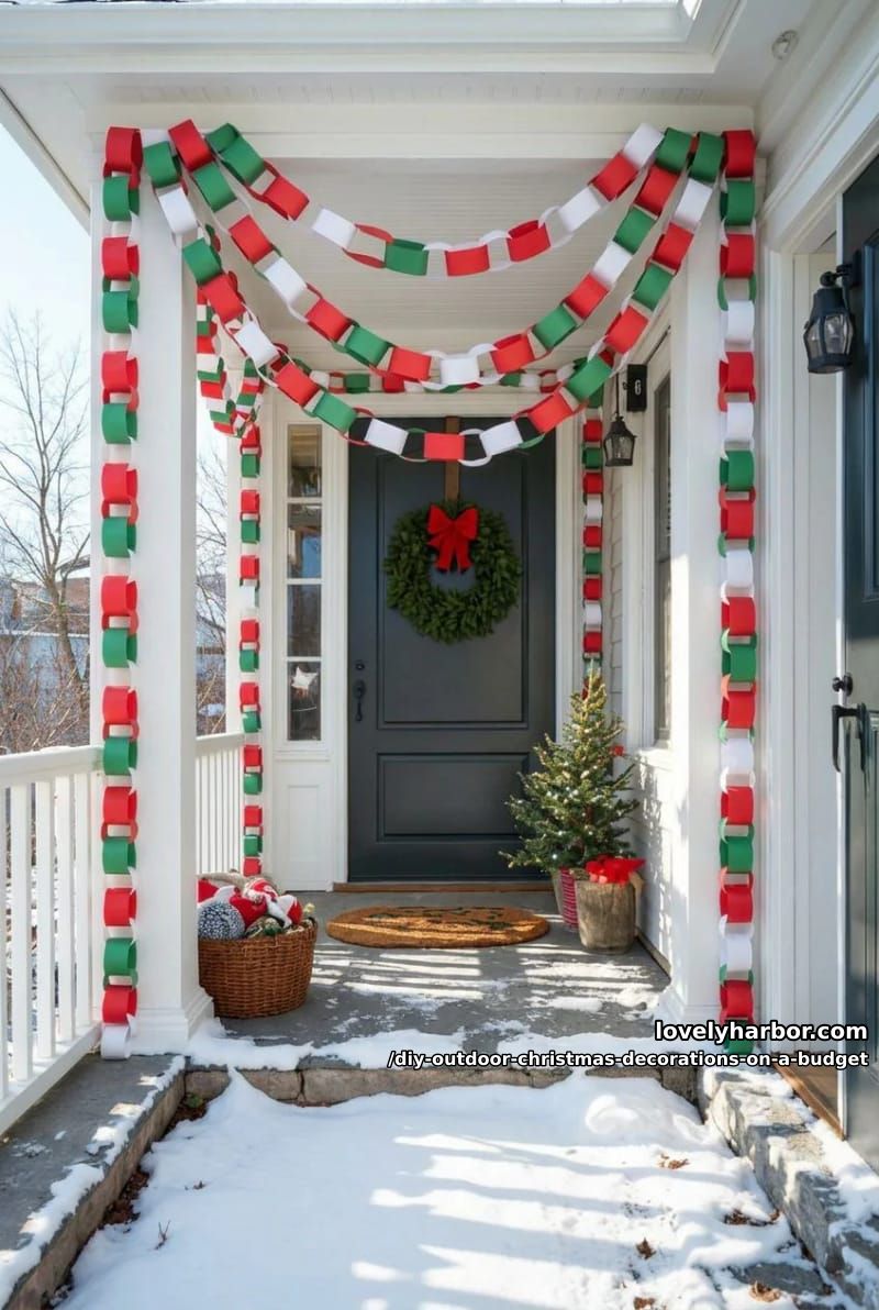 12 DIY Outdoor Christmas Decorations on a Budget That Survive a Real Winter 14 an oversized waterproof paper chain garland 1