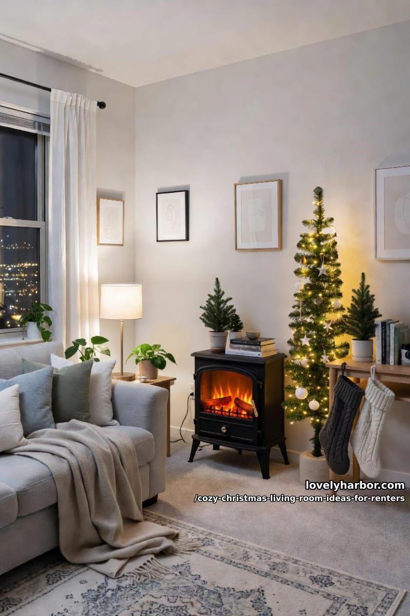 anchor the room with a freestanding christmas fireplace 1