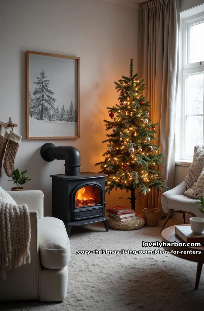 anchor the room with a freestanding christmas fireplace 1