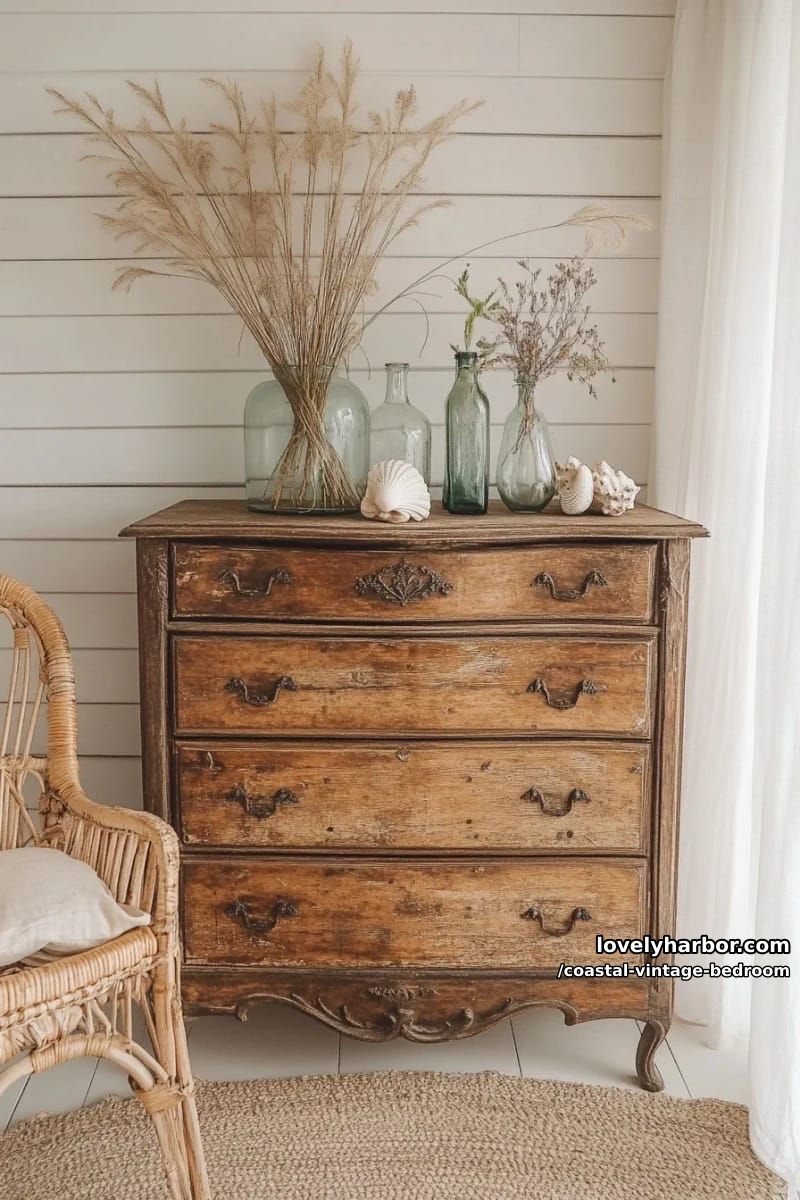 15 Coastal Vintage Bedrooms to Inspire Your Retreat 4 antique dresser topped with driftwood sculptures and glass bottle vases 1