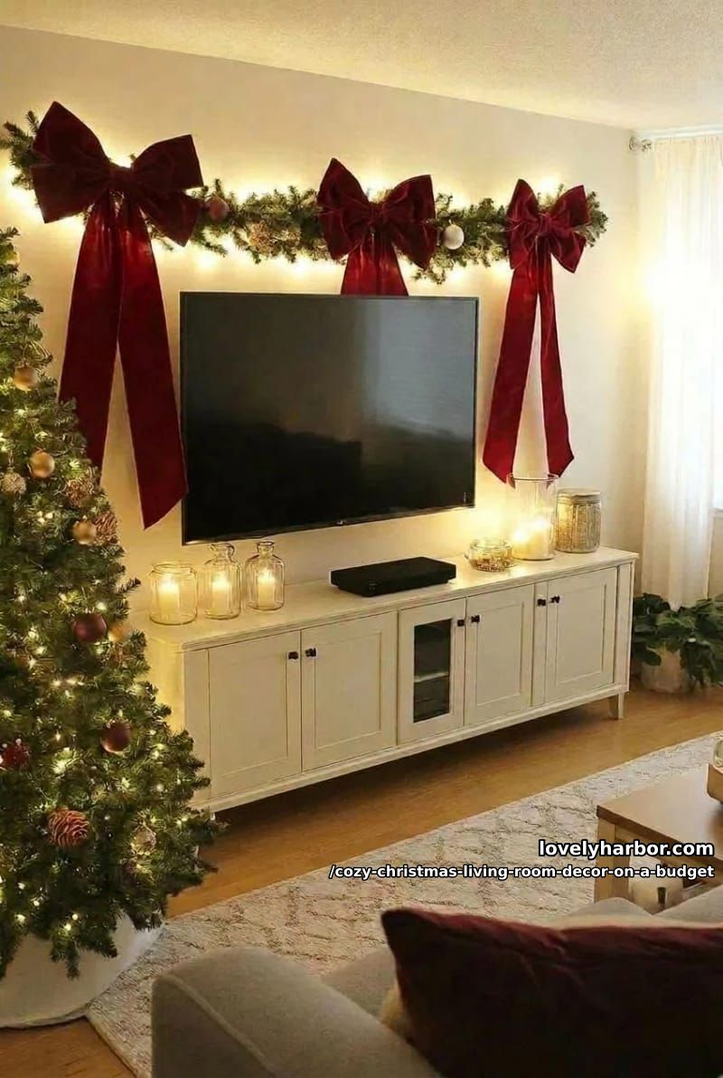 Cozy Christmas Living Room Decor on a Budget That Doesn't Look Cheap 4 arranging the statement ribbons around the tv and dealing with space constraints 3