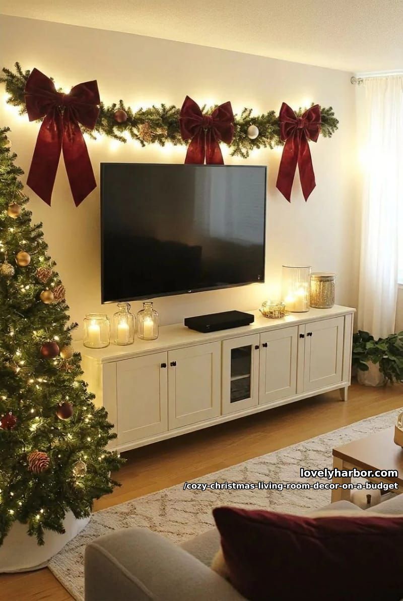 Cozy Christmas Living Room Decor on a Budget That Doesn't Look Cheap 5 arranging the statement ribbons around the tv and dealing with space constraints 4