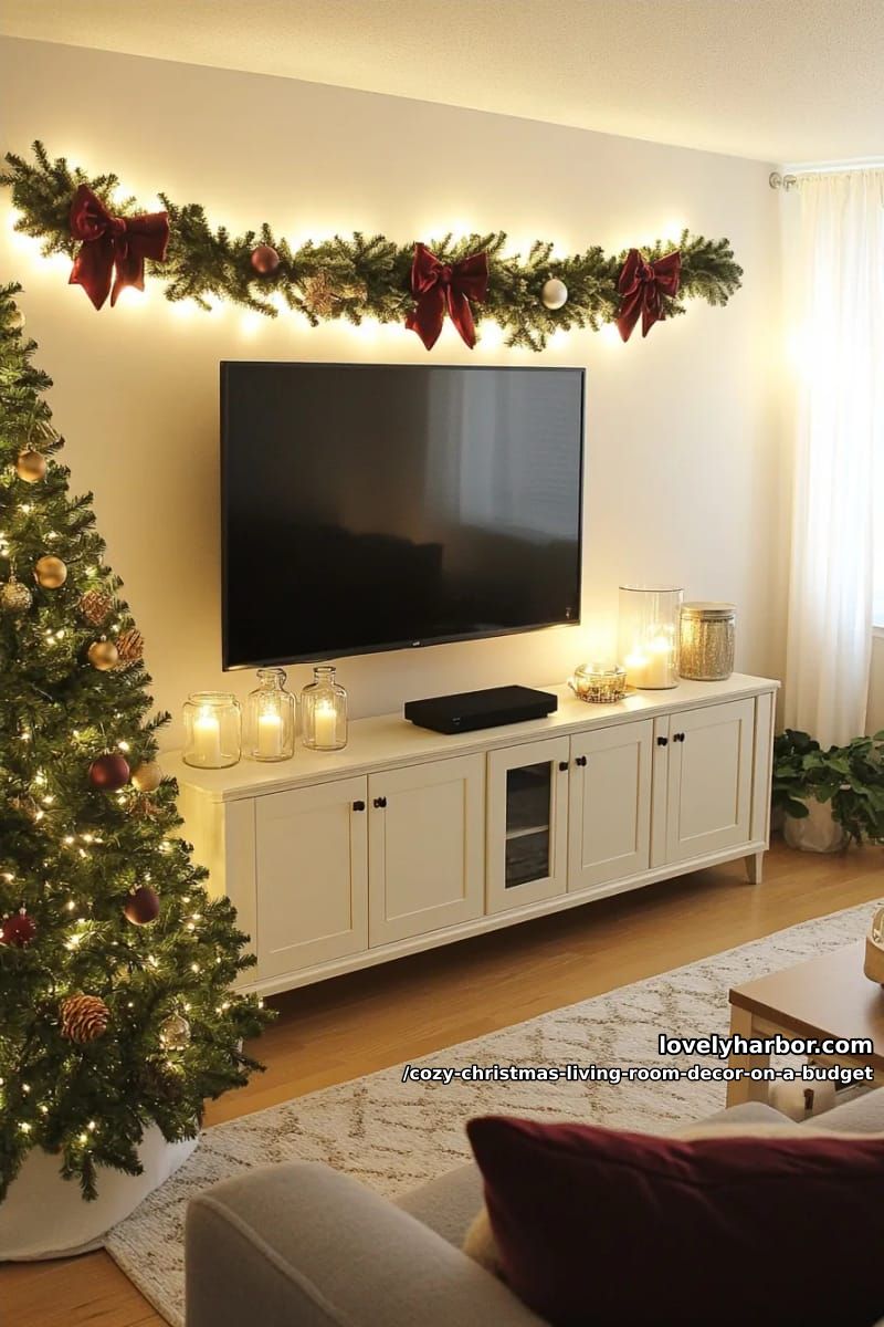 Cozy Christmas Living Room Decor on a Budget That Doesn't Look Cheap 6 arranging the statement ribbons around the tv and dealing with space constraints 5