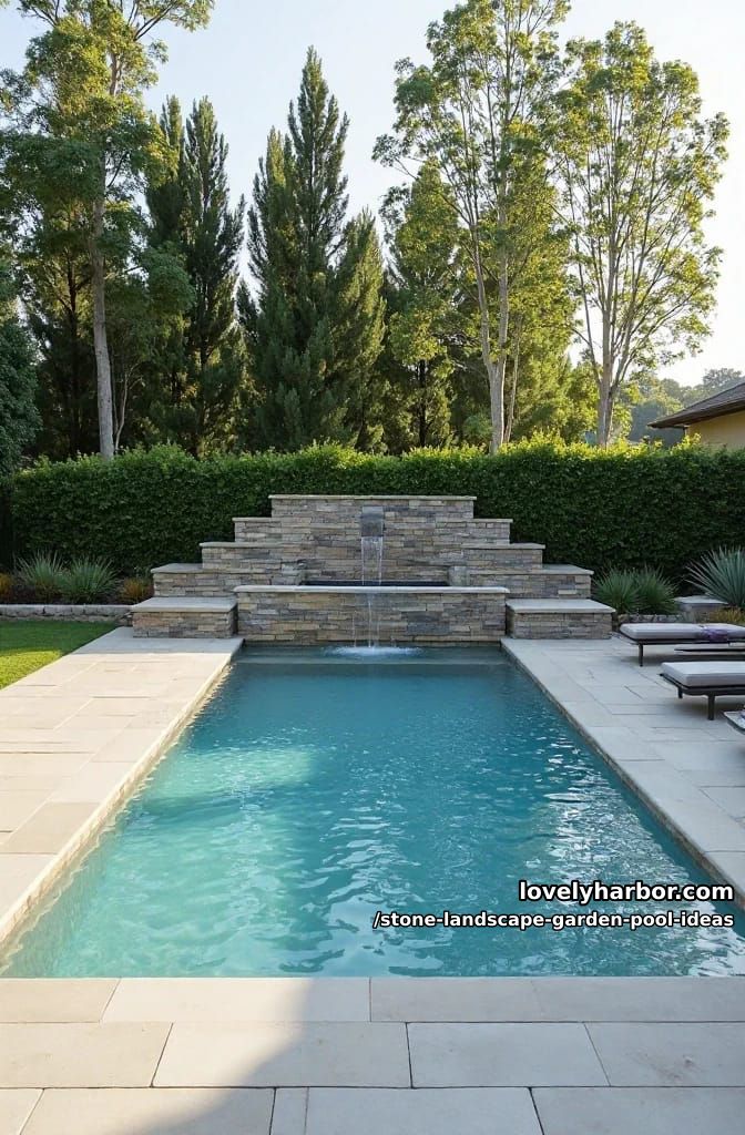 backyard garden with serene rectangular swimming pool with waterfall wall clad in stacked stone 1
