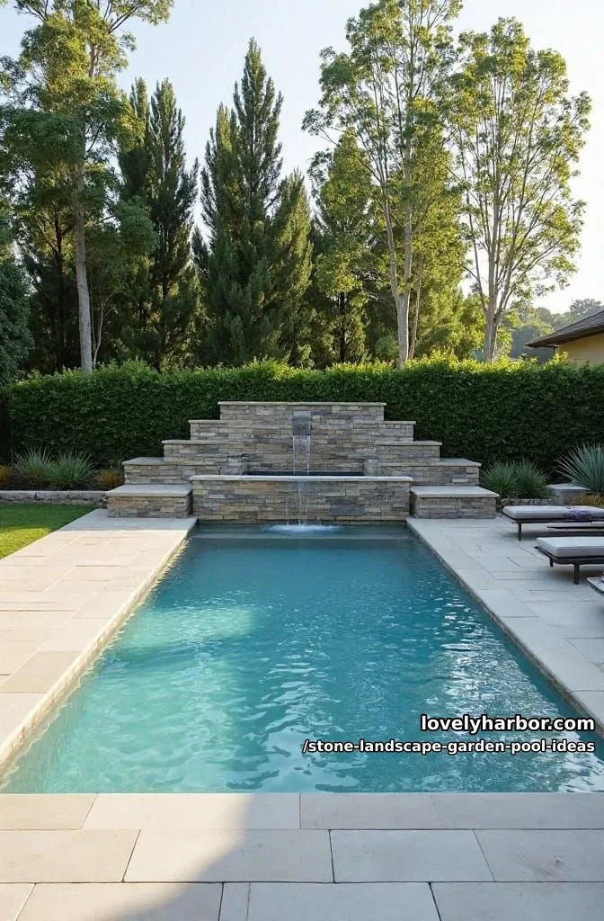 15 Stone Pool Designs for Elegant Garden Spaces 16 backyard garden with serene rectangular swimming pool with waterfall wall clad in stacked stone 1