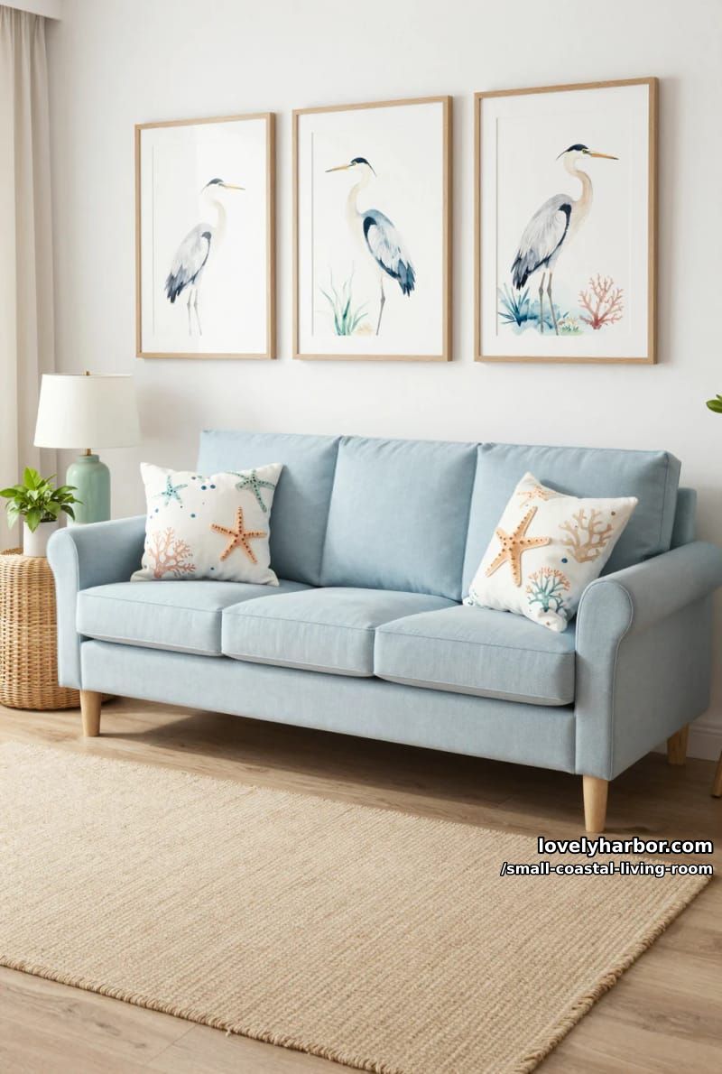 19 Small Coastal Living Room Ideas for Effortless Style 8 beach house living room with blue sofa, sea-themed pillows, and bird artwork 1