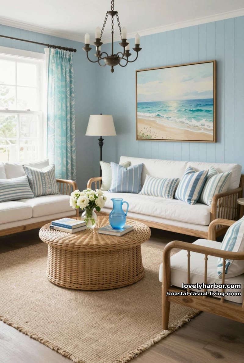 beach-inspired living room with paneled wall, wicker coffee table, and striped pillows. 1