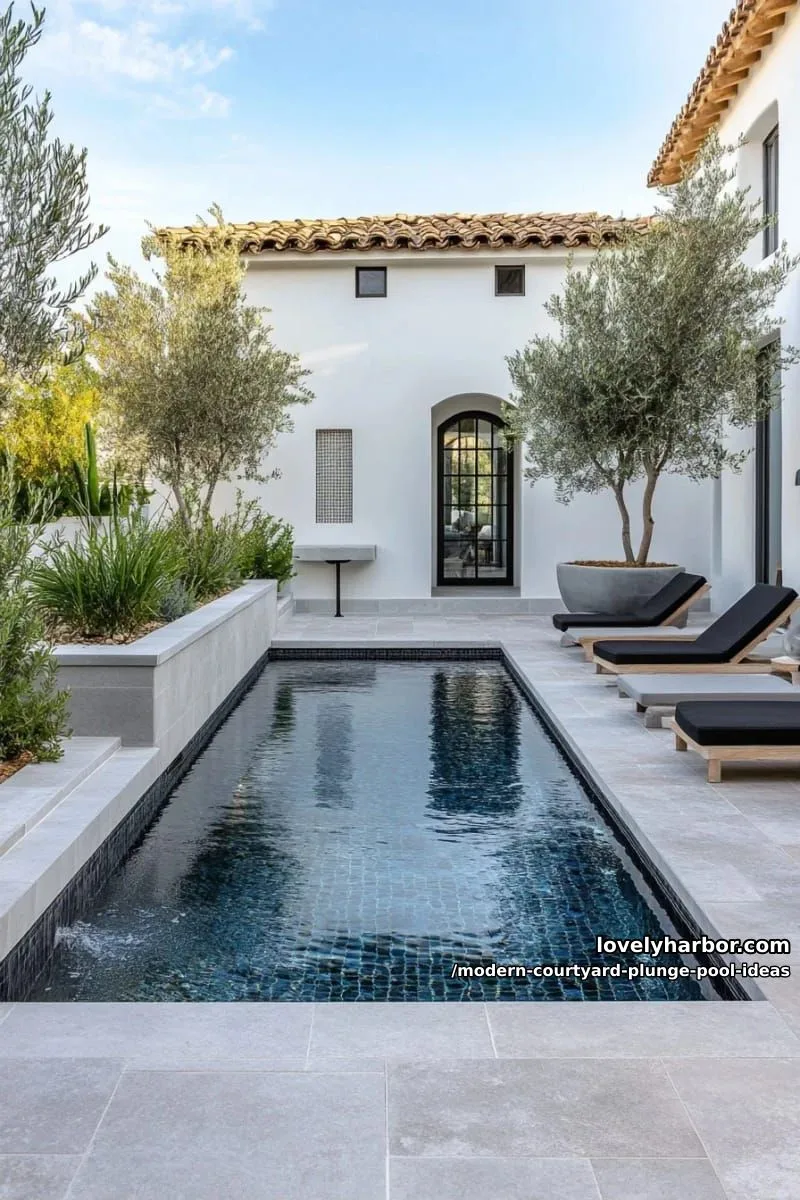 black-tiled plunge pool with integrated underwater bench and sleek concrete border 1