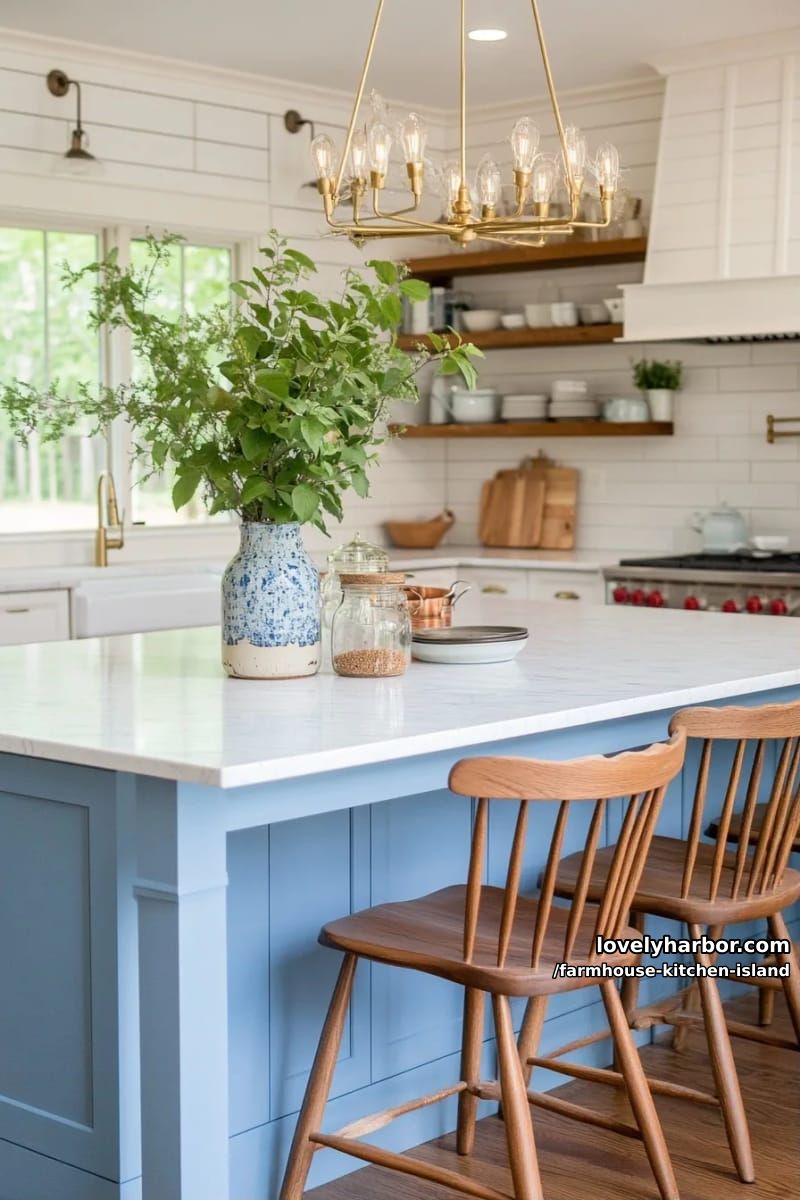 blue-based island, spindle chairs, exposed bulb chandelier, and shiplap walls. 1