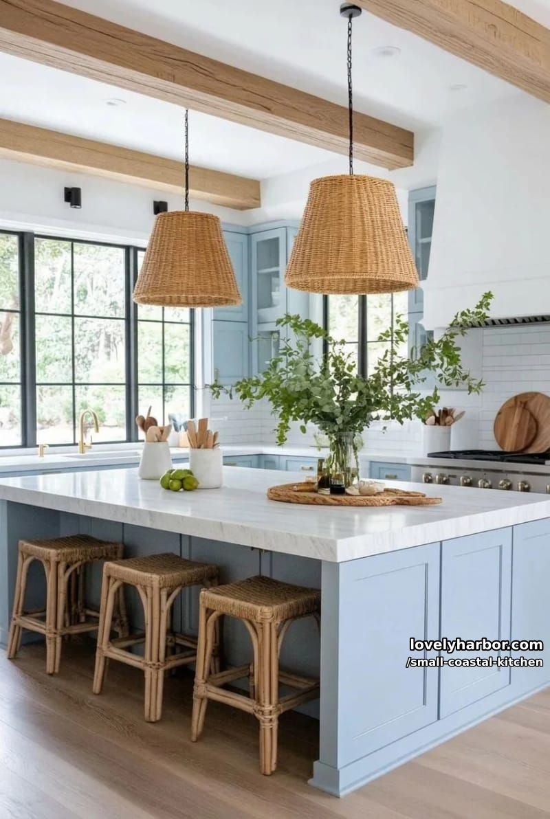 20 Small Coastal Kitchen Ideas for a Fresh, Breezy Look 21 blue cabinetry, marble countertops, rattan stools, woven pendants, natural textures 1