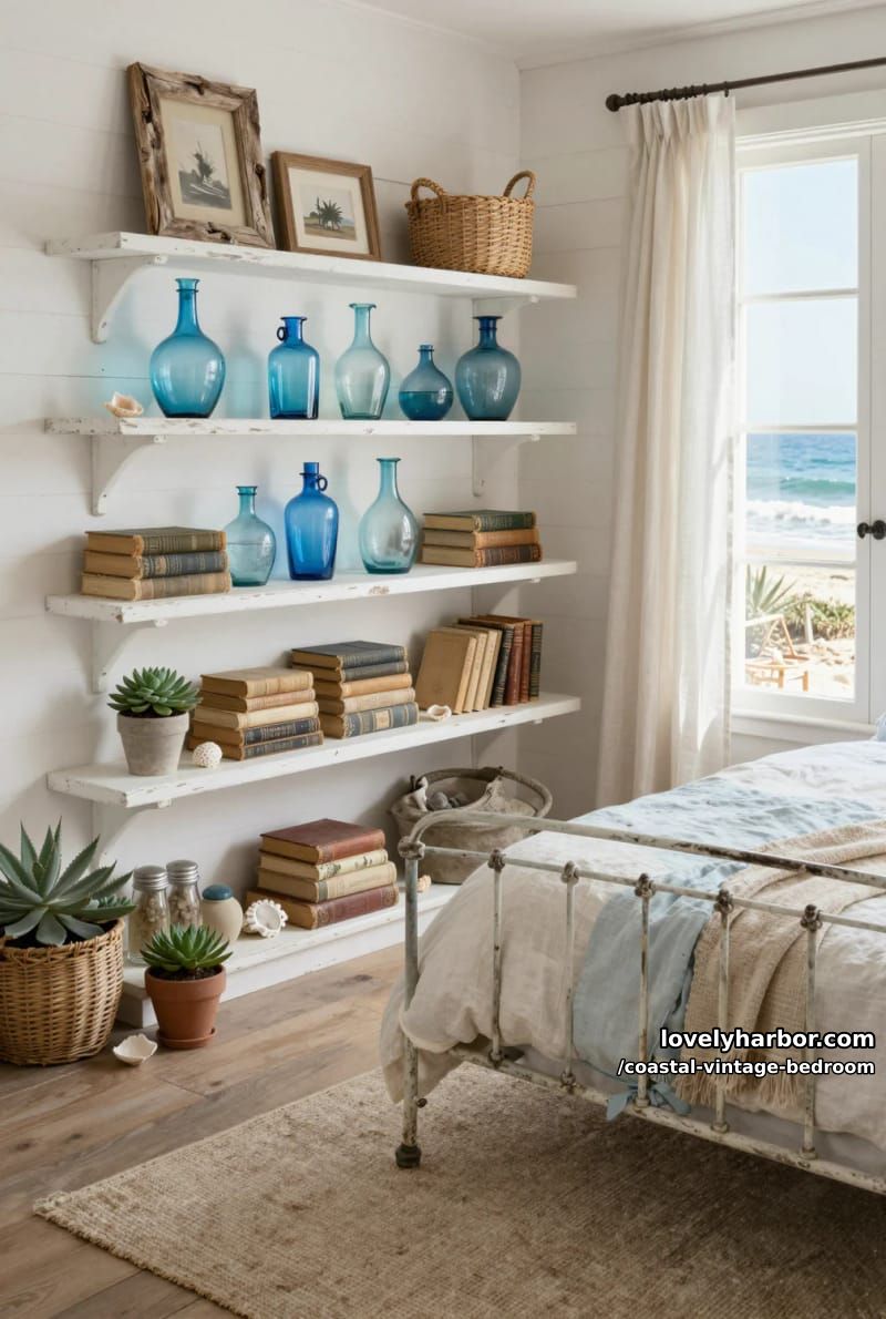 15 Coastal Vintage Bedrooms to Inspire Your Retreat 17 blue glass jug vases and antique books on coastal farmhouse shelves 1