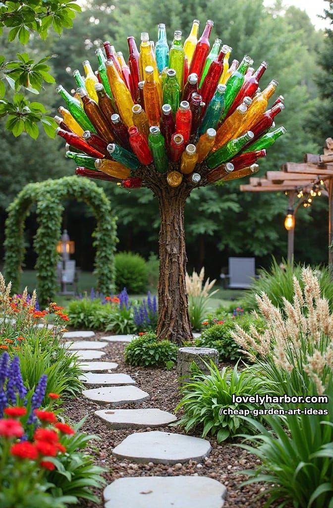 bottle tree sculpture with colorful glass bottles as leaves in garden. 1