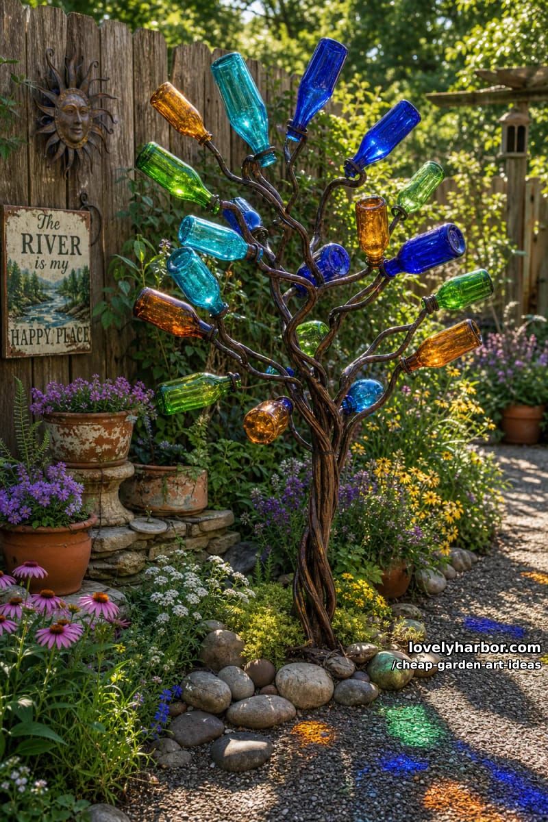 bottle tree sculpture with colorful glass bottles as leaves in garden. 1