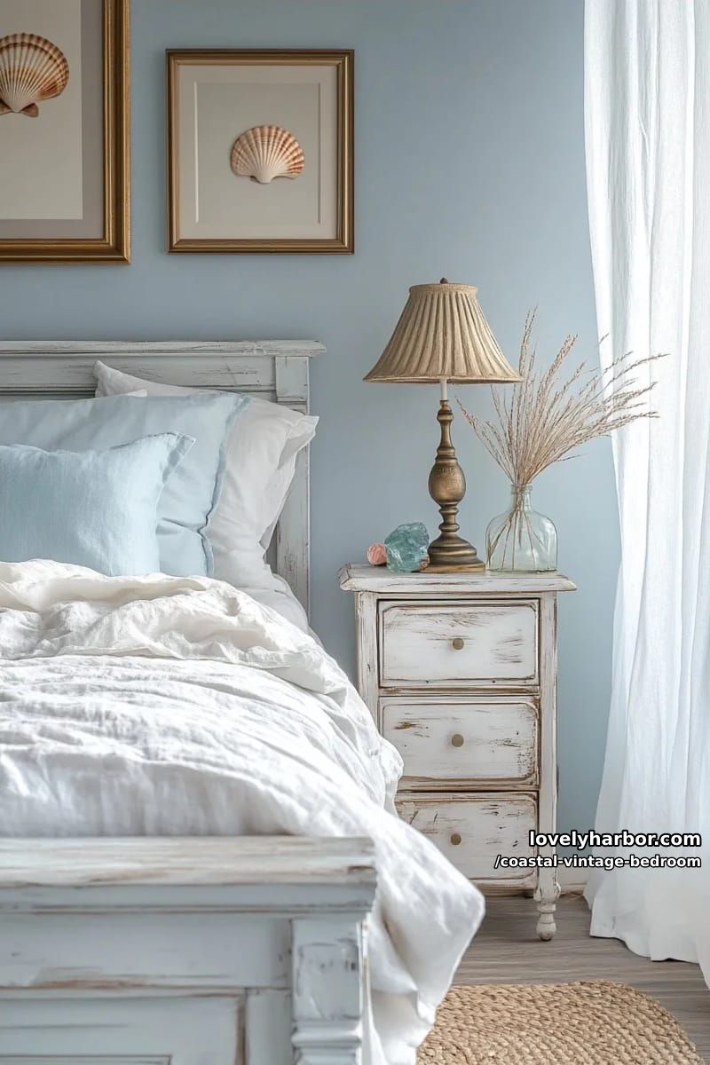15 Coastal Vintage Bedrooms to Inspire Your Retreat 10 brass bedside lamp on distressed nightstand with coral and sea glass 1