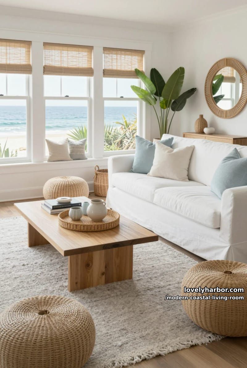 bright beach-inspired living room with woven textures and natural materials. 1