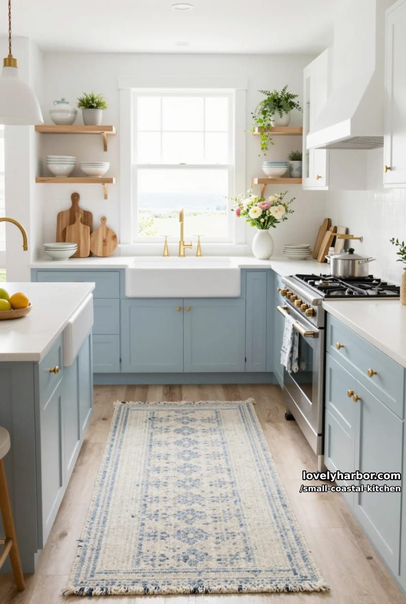 20 Small Coastal Kitchen Ideas for a Fresh, Breezy Look 3 bright coastal kitchen with white and blue cabinets, gold hardware, and open shelves 1