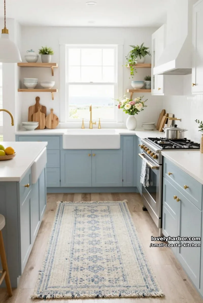 bright coastal kitchen with white and blue cabinets, gold hardware, and open shelves 1