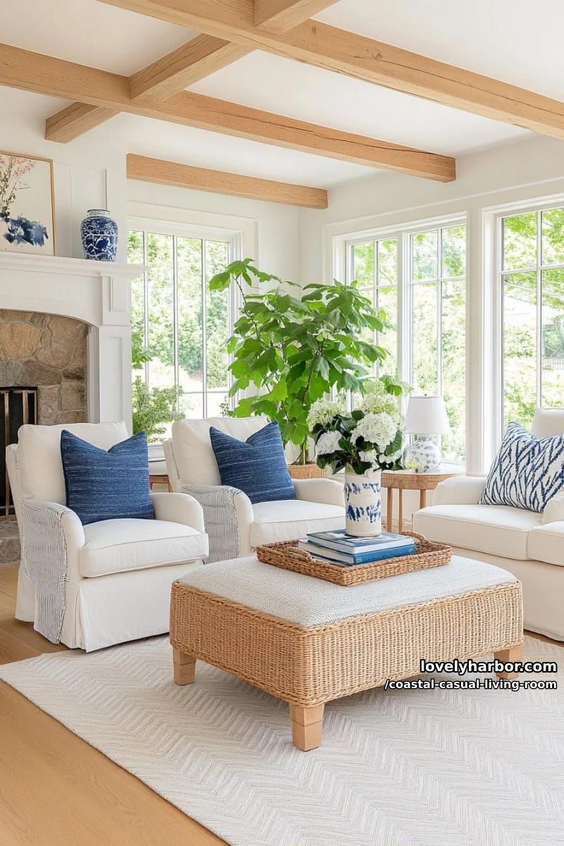 bright coastal living room with exposed beams and navy patterned pillows. 1