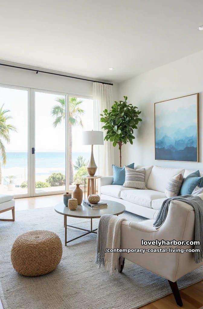 19 Contemporary Coastal Living Rooms With Clean Modern Edge 3 bright coastal living room with large windows, white sofas, and blue accents. 1