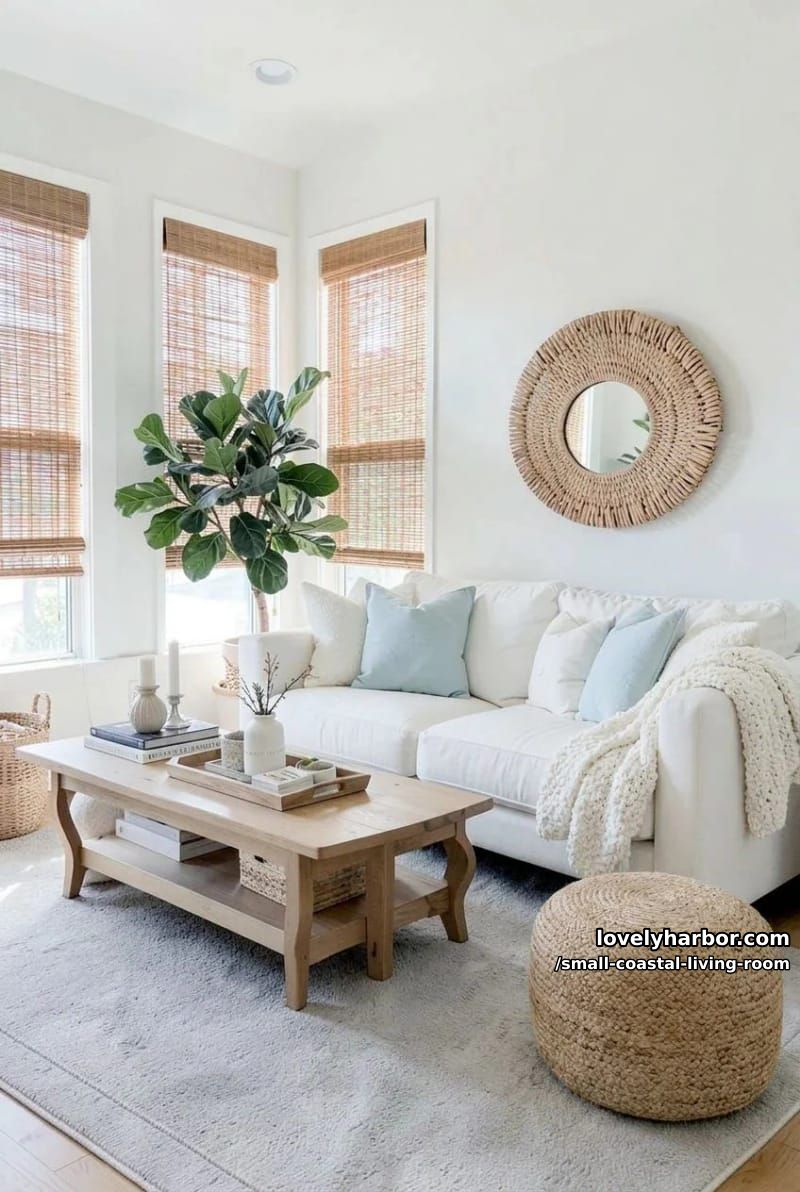19 Small Coastal Living Room Ideas for Effortless Style 5 bright coastal room with white sofa, pale blue pillows, woven pouf, and plants 1