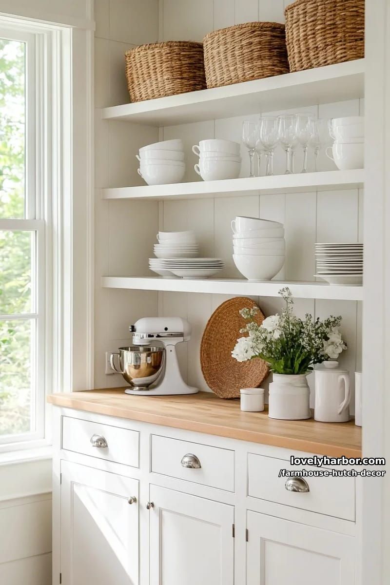 22 Farmhouse Hutch Decor Inspirations to Elevate Your Space 3 bright farmhouse kitchen with white hutch and organized ceramic dishes. 1