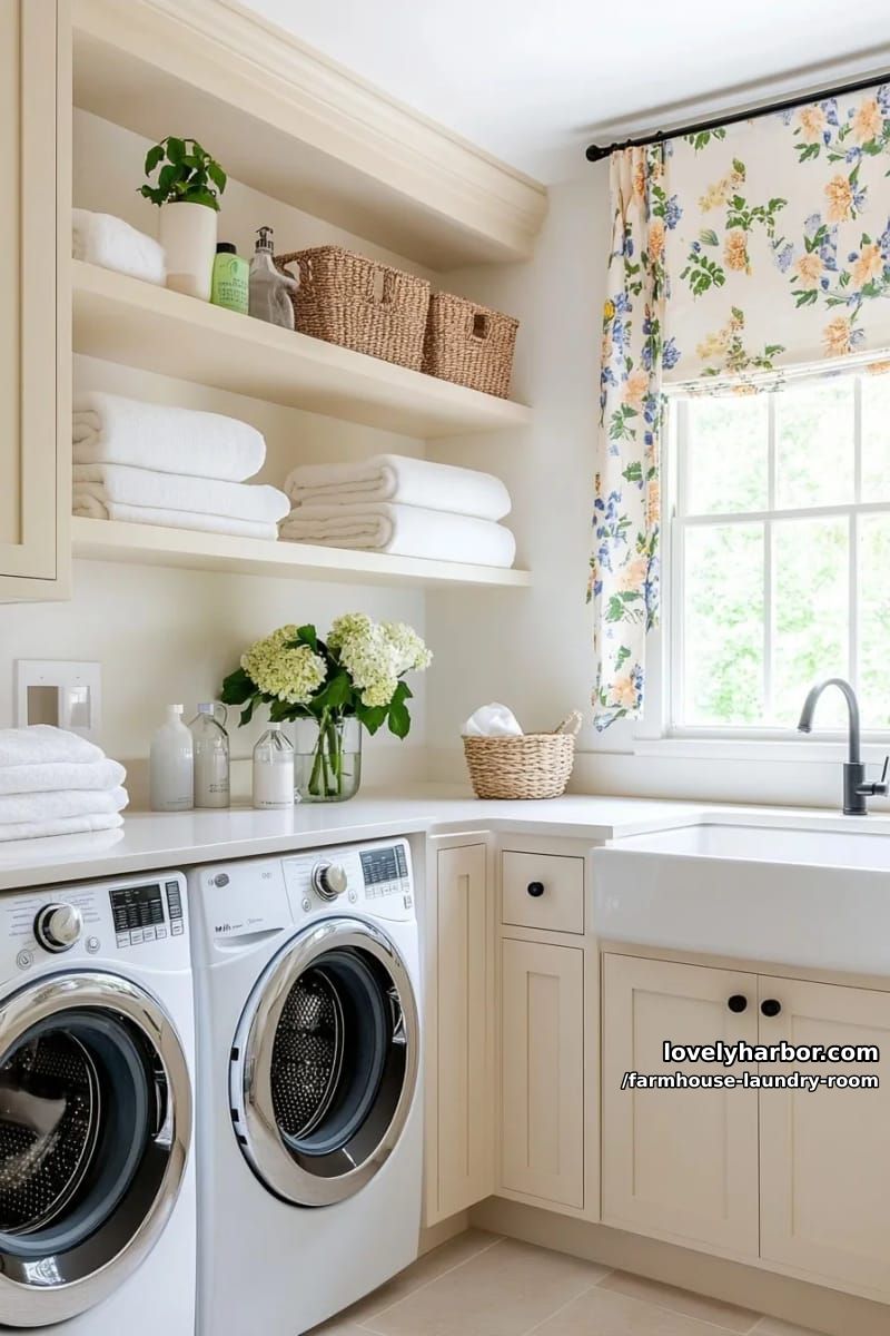 21 Farmhouse Laundry Rooms with Charming Designs 26 bright farmhouse laundry with cream cabinetry, open shelving, and floral curtain. 1